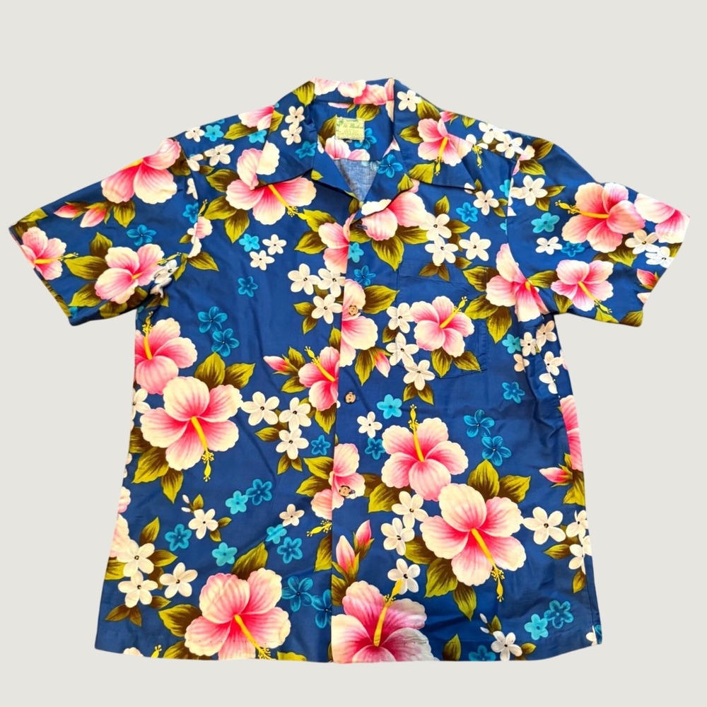 Vintage 1960s Ui-Maikai Hawaiian Shirt Mens Blue Hibiscus Floral  Made in Hawaii